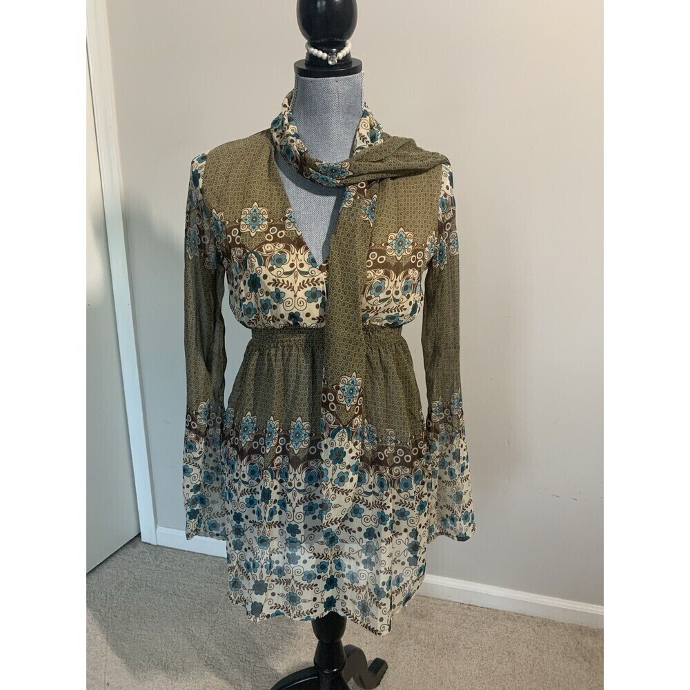 Funky People Sheer Floral Elastic Waist Neck Tie Bohemian Pullover Top Small